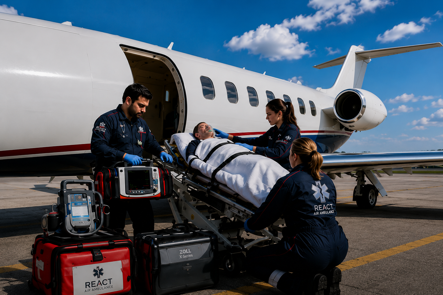 REACT medical crew loading critically ill patient into air ambulance jet