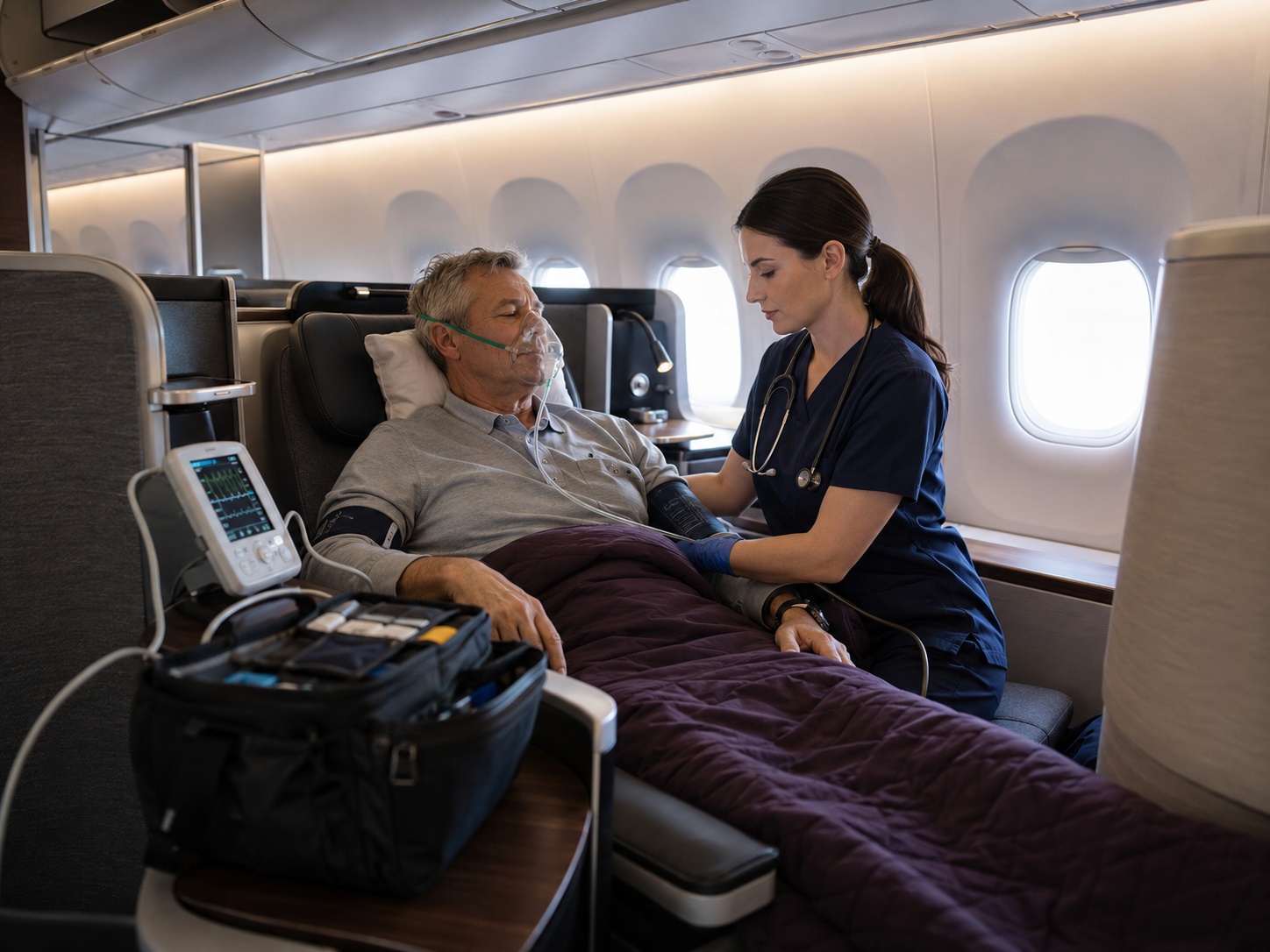 Business class medical escort premium cabin
