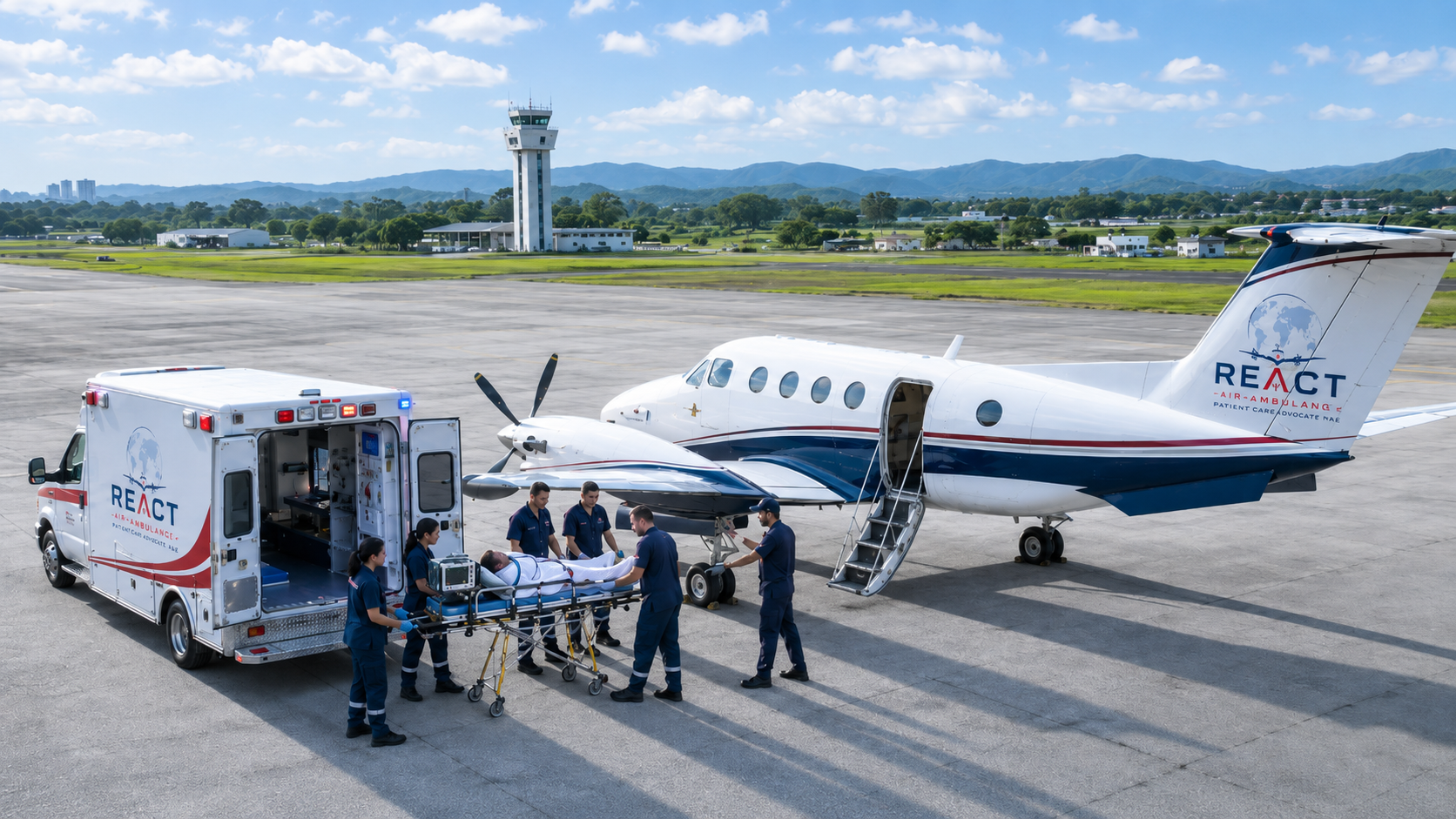 REACT air ambulance crew transferring patient to aircraft