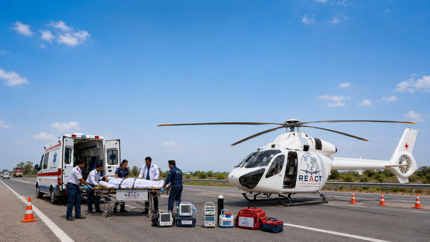 REACT Air Ambulance HEMS helicopter on helipad
